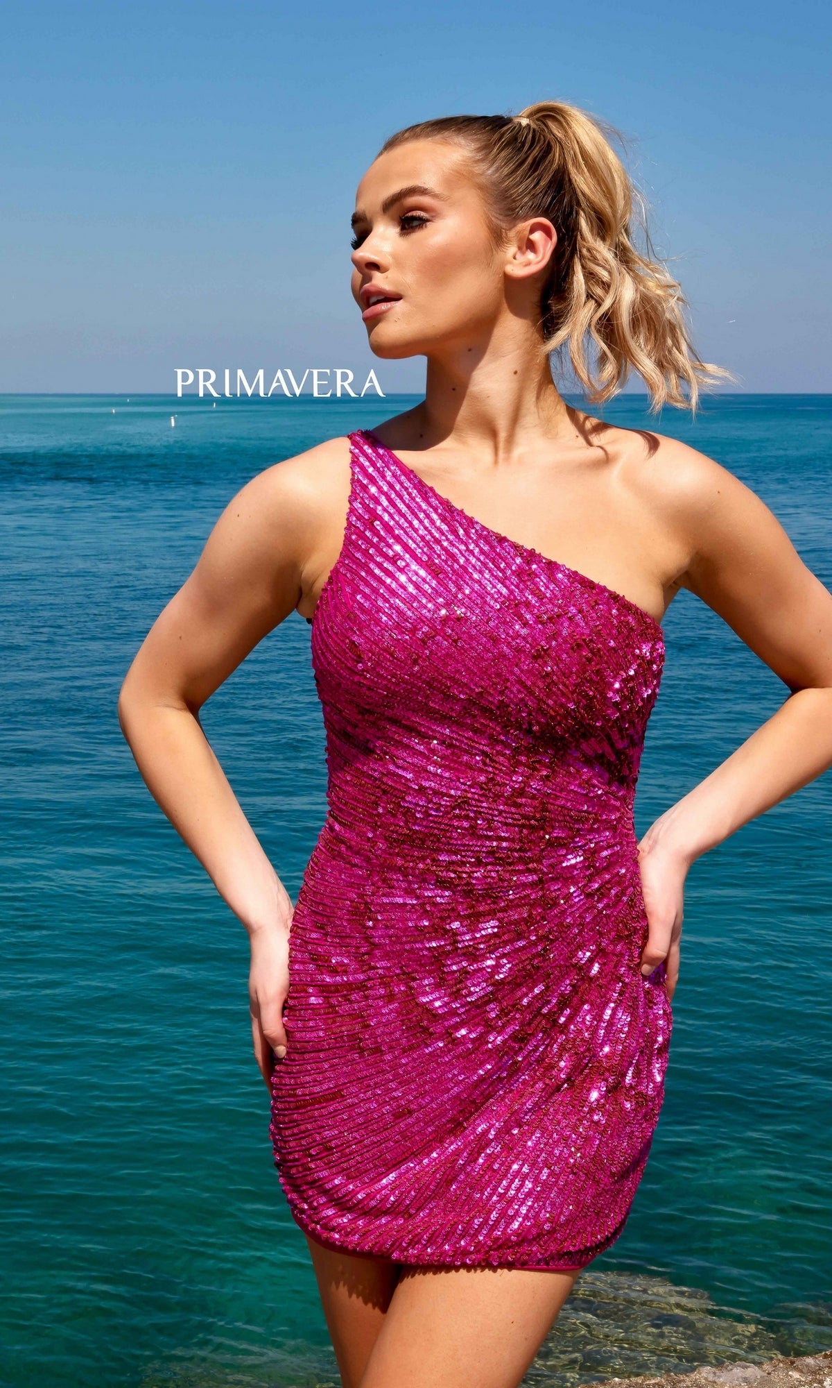 One-Shoulder Sequin-Striped Mini Party Dress 4055 Fuchsia / 000