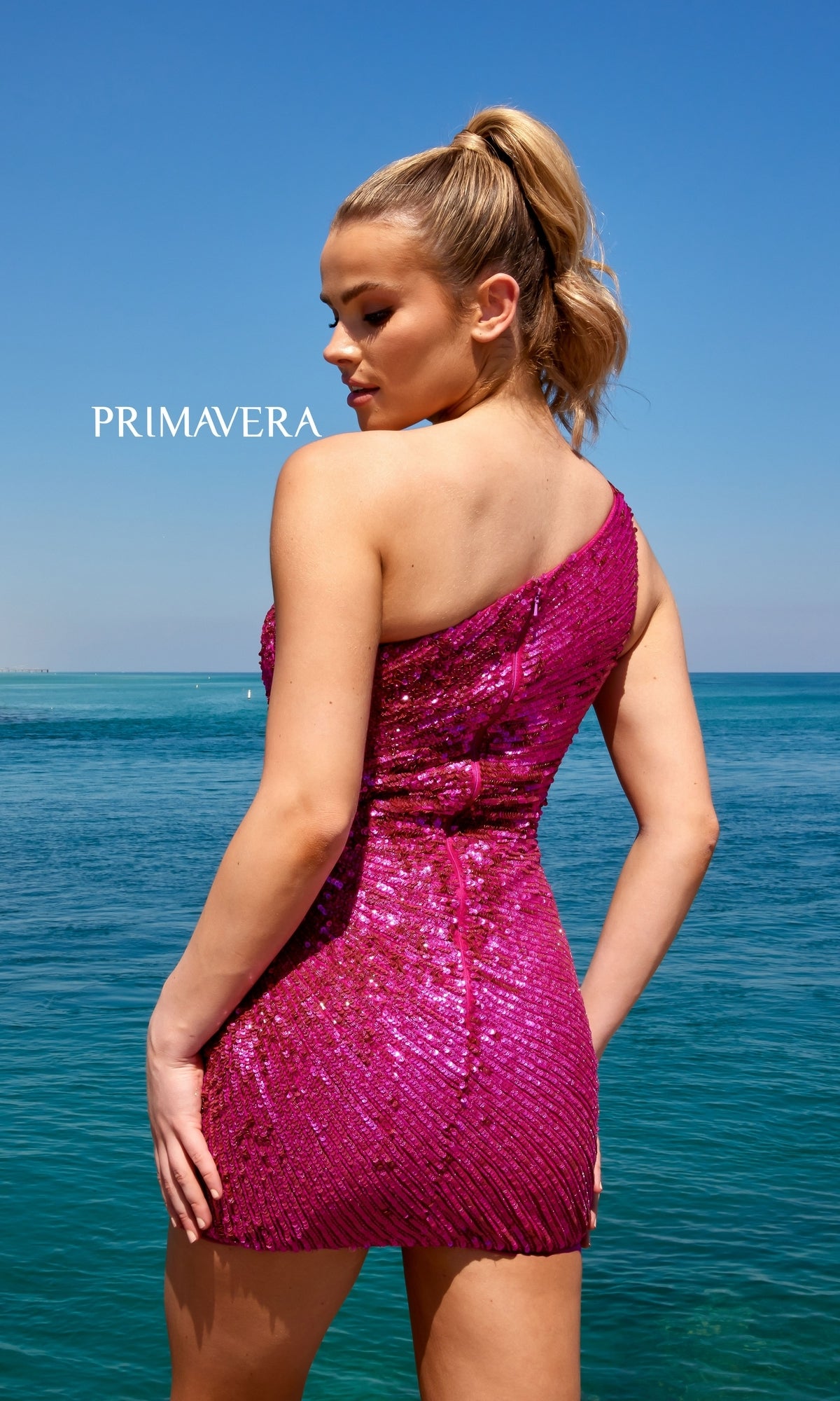 Sequin-Stripe One-Shoulder Mini Party Dress