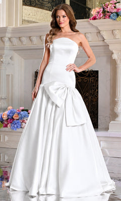Colors Dress 4058 long prom dress, a strapless white floor-length satin gown with a fitted bodice and an oversized bow detail at the hip.