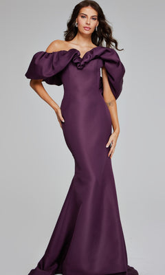 Woman in a Jovani 40596 long formal dress—floor-length, off-the-shoulder, deep purple with a dramatic ruffled neckline and fitted silhouette—stands against a plain gray background.