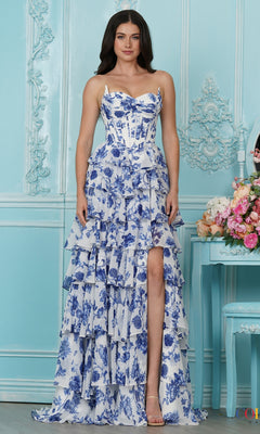 Blue and white Floral Corset Prom Dress: Colors Dress 4060, a strapless floral corset dress featuring a tiered ruffled skirt with a high side slit.