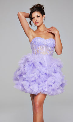 A woman poses with one arm raised, wearing the Short Homecoming Dress 40628 by Jovani, featuring a strapless lilac mini design with a sheer lace corset bodice and a voluminous ruffled tulle skirt.