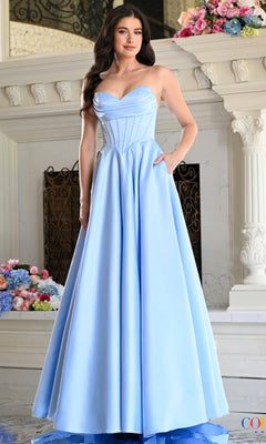 Long Prom Dress: Colors Dress 4063, a light blue, floor-length A-line gown with a strapless corset-style bodice, pleated sweetheart neckline, and pockets.