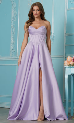 Lavender Long Prom Dress: Colors Dress 4063, a strapless A-line gown featuring a pleated sweetheart neckline, corset-style bodice, and a high front slit.