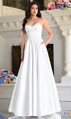 The Colors Dress 4063 is a white strapless A-line gown featuring a pleated sweetheart neckline, a corset-style bodice, and pockets.