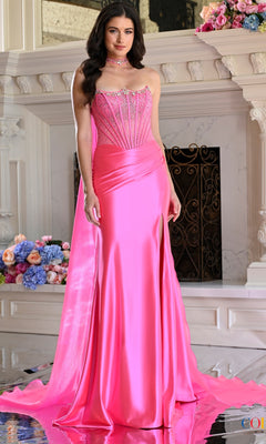 Hot pink Long Prom Dress: Colors Dress 4067 featuring a strapless corset bodice with rhinestone embellishments, a side slit, and a floor-length train.