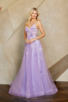 Amelia Couture 4073 is a lilac A-line prom dress with thin straps, a plunging V-neckline, and floral and leaf appliqué details on the bodice and skirt.