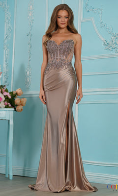 Long Prom Dress: Colors Dress 4079 in taupe, featuring a strapless lace corset mermaid silhouette with a beaded bodice and a high thigh slit.