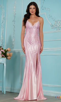 Pink Long Prom Dress: Colors Dress 4087, a floor-length Y2K gown with a V-neckline, spaghetti straps, a thigh-high slit, and vertical patterns of pink sequins.