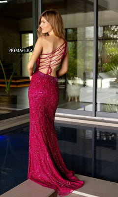magenta one shoulder dress One-Shoulder Beaded Prom Dress with Fringe