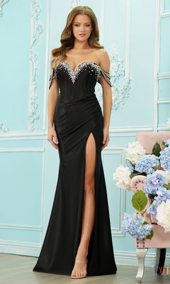 Long Prom Dress: Colors Dress 4104 is a floor-length black strapless beaded prom dress with off-the-shoulder straps and a high leg slit.
