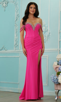 Long Prom Dress: Colors Dress 4104, a hot pink, off-the-shoulder, floor-length gown featuring a crystal-embellished corset bodice and a high thigh slit.