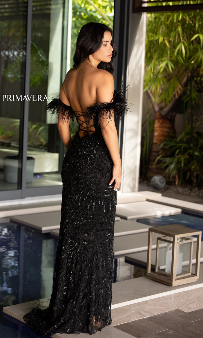 Primavera Feather Off-Shoulder Long Prom Gown 4105