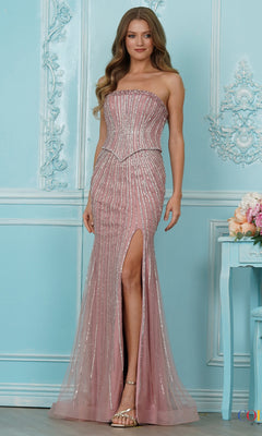 The Colors Dress 4107 is a strapless, floor-length dusty rose gown featuring vertical silver beaded embellishments, an art deco aesthetic, and a high thigh slit.