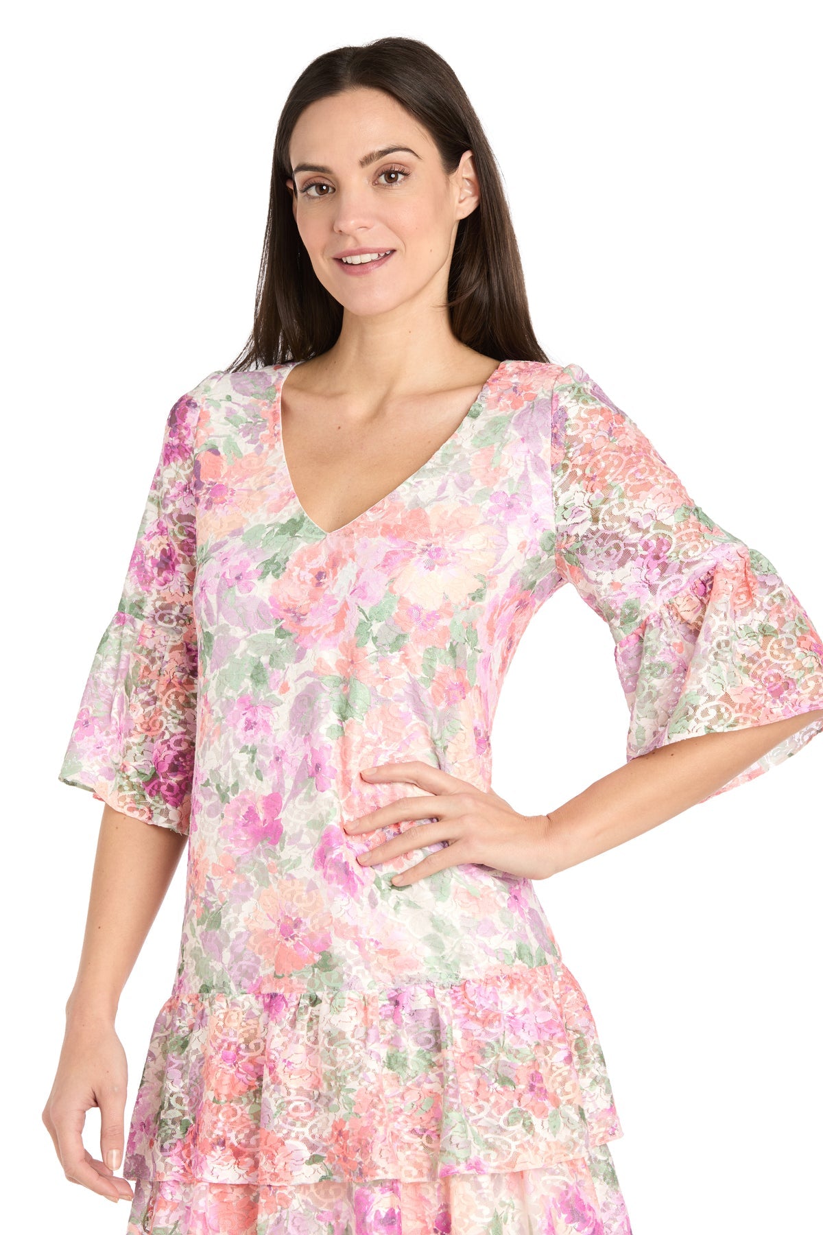 Woman wearing the Short Ivory Floral Party Dress: R&M Richards 4107 with pastel floral print, flared sleeves, and a V-neckline—perfect for a chic casual cocktail dress look.