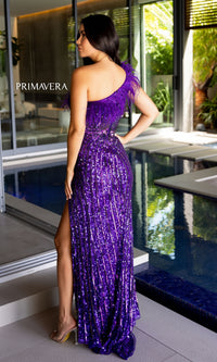 Primavera Feathered Long Sequin Prom Dress 4112
