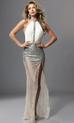 A person wearing the Jovani 41144 long formal dress in off-white/nude, featuring a sleeveless halter neckline and a high-slit, sequin-embellished floor-length skirt, stands against a plain gray background.