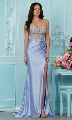 Long Prom Dress: Colors Dress 4115 light blue strapless corset dress with a beaded bodice and a high leg slit.