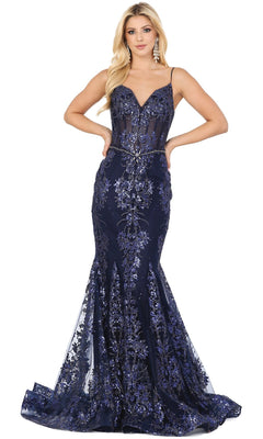 A woman stands with her hands on her hips, wearing the Long Sequined and Beaded Mermaid-Style Prom Dress in navy—a floor-length gown featuring a sweetheart neckline, thin straps, and elegant floral sequin embellishments. This dazzling mermaid-style dress beautifully highlights her silhouette, making her look unforgettable for prom night.