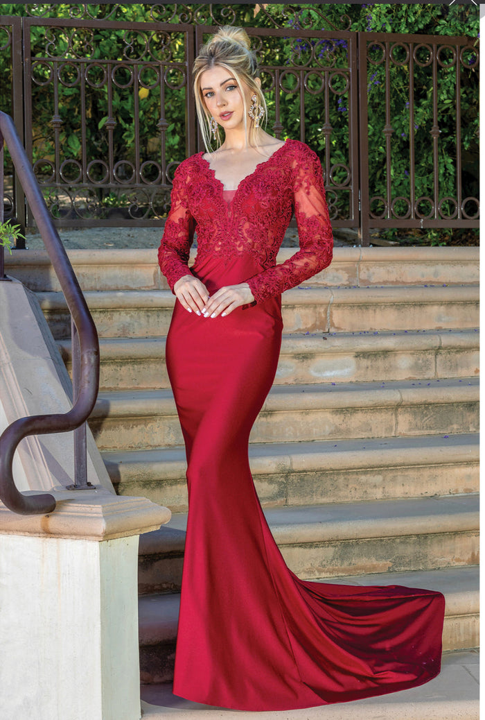Long Sleeve Long Formal Prom Dress with Lace 4124
