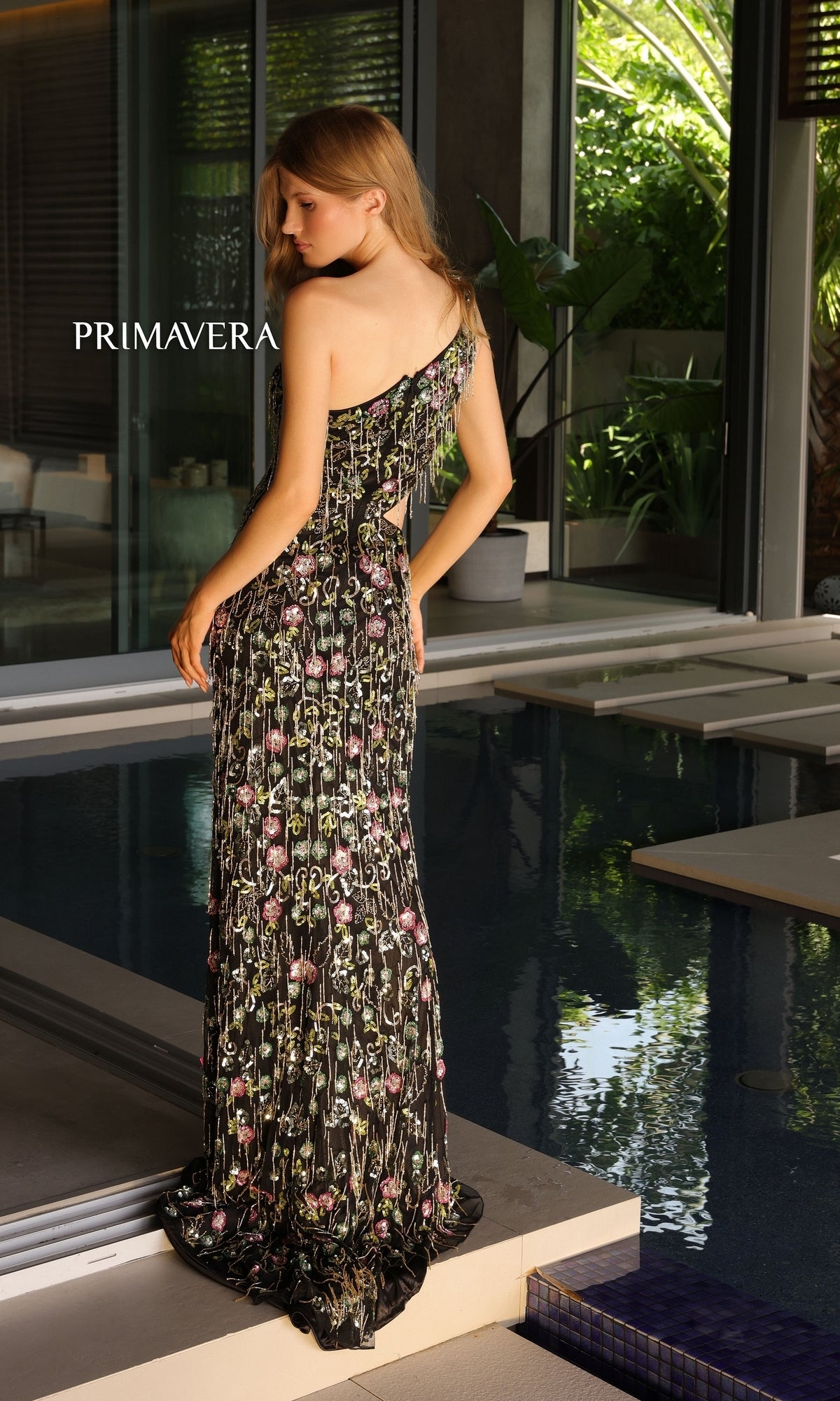 One-Shoulder Beaded-Floral Long Prom Dress