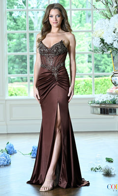 A strapless brown Colors Dress 4135 corset prom dress featuring a beaded bodice and a high thigh slit.