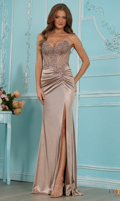 Long Prom Dress: Colors Dress 4135 in taupe, a strapless floor-length corset gown with a sweetheart neckline, a beaded bodice, and a high front slit.