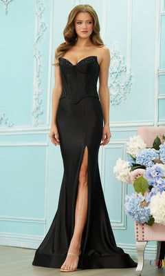 Long Prom Dress: Colors Dress 4138, a strapless black corset prom dress with a floor-length silhouette, beaded neckline, and a high side slit.