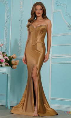 Long Prom Dress: Colors Dress 4138, a strapless, dark nude floor-length mermaid prom dress with a corset-style bodice, embellished neckline, and a high front slit.