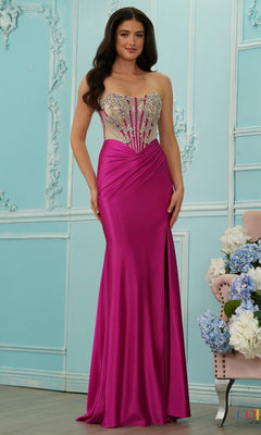 Fuchsia, floor-length strapless corset Long Prom Dress: Colors Dress 4142 featuring a bodice with vertical beading and a high side slit.