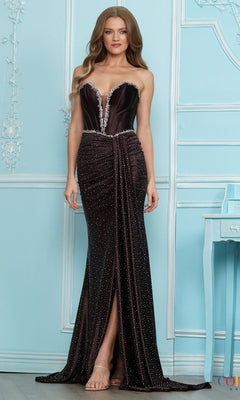 Colors Dress 4143 is a strapless, floor-length dark brown corset prom dress with a sweetheart neckline, beaded embellishments, and a front leg slit.