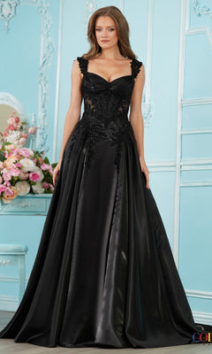 A woman wears a black Long Prom Dress: Colors Dress 4150, an off-the-shoulder lace gown featuring a sweetheart neckline, corset-style bodice, and beaded embroidery at the waist.