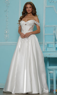 Off-white floor-length A-line Long Prom Dress: Colors Dress 4150 with an off-the-shoulder neckline, corset-style bodice, and intricate lace detailing.
