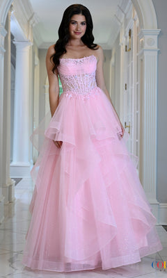 A model wears a pink Long Prom Dress: Colors Dress 4151, featuring a strapless lace corset bodice and a layered, glittery tulle skirt.