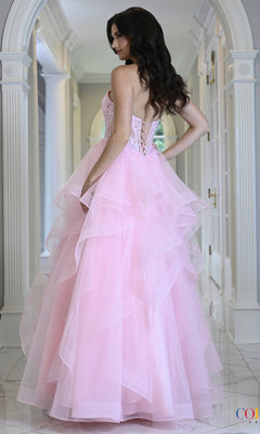 Long Prom Dress: Colors Dress 4151, a floor-length pink ball gown featuring a lace-up corset back and a tiered, ruffled skirt.