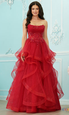 A woman wearing a red Long Prom Dress: Colors Dress 4151, a strapless princess gown with a sweetheart neckline, lace corset bodice, and tiered, ruffled tulle skirt.