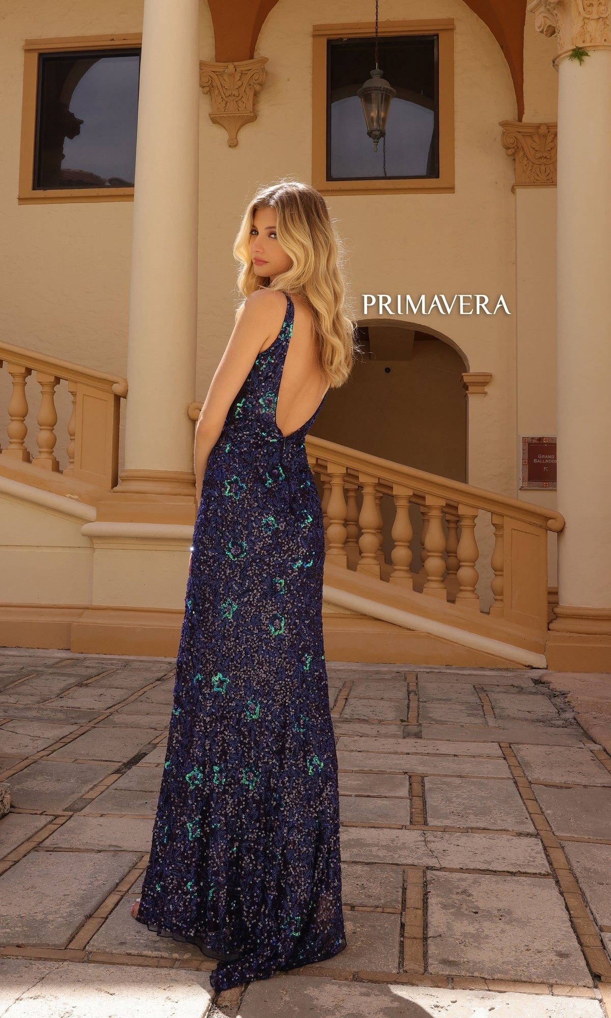 Primavera Star-Beaded Long V-Neck Prom Dress 4153