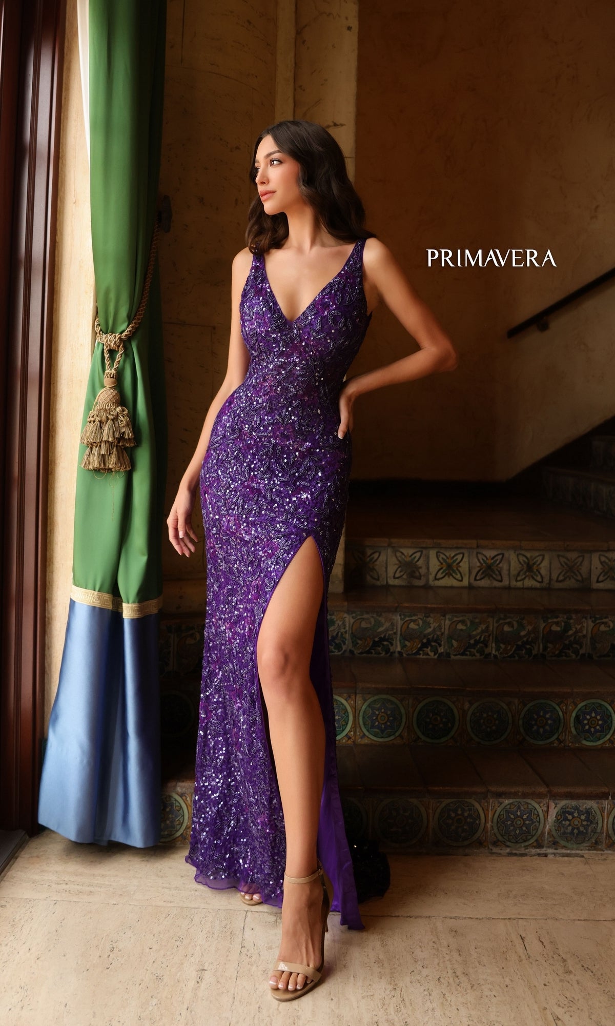 Primavera Star-Beaded Long V-Neck Prom Dress 4155