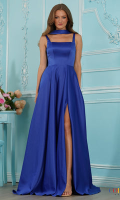 A woman wearing a royal blue Long Prom Dress: Colors Dress 4157, an A-line gown with a square neckline, a choker-style collar, and a high leg slit.