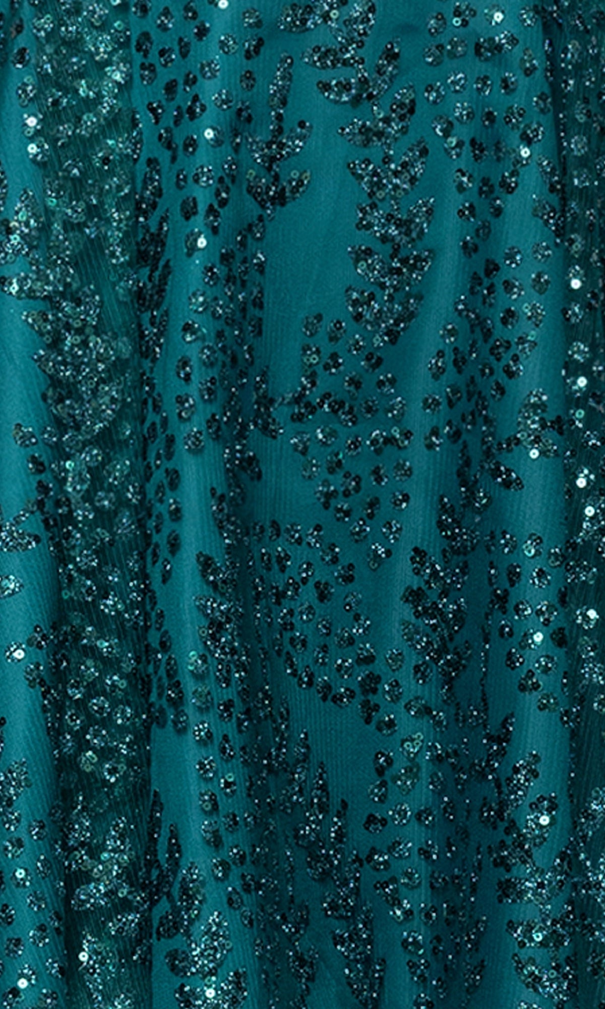 Close-up of the Short Teal Glitter Hoco Dress: Blondie Nites 4159BN, featuring fabric sparkling with small dark blue sequins and beads in a branch-like pattern.