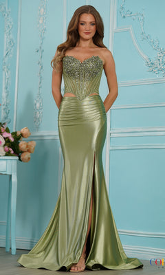 Sage green Colors Dress 4161 floor-length mermaid prom dress with a beaded lace corset bodice and a high leg slit.
