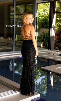 Strappy-Back Primavera Long Beaded Prom Dress 4162