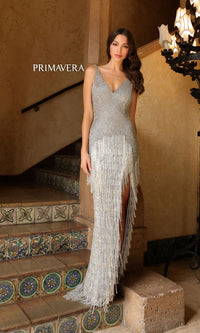 Primavera Beaded-Fringe Long Prom Dress 4165