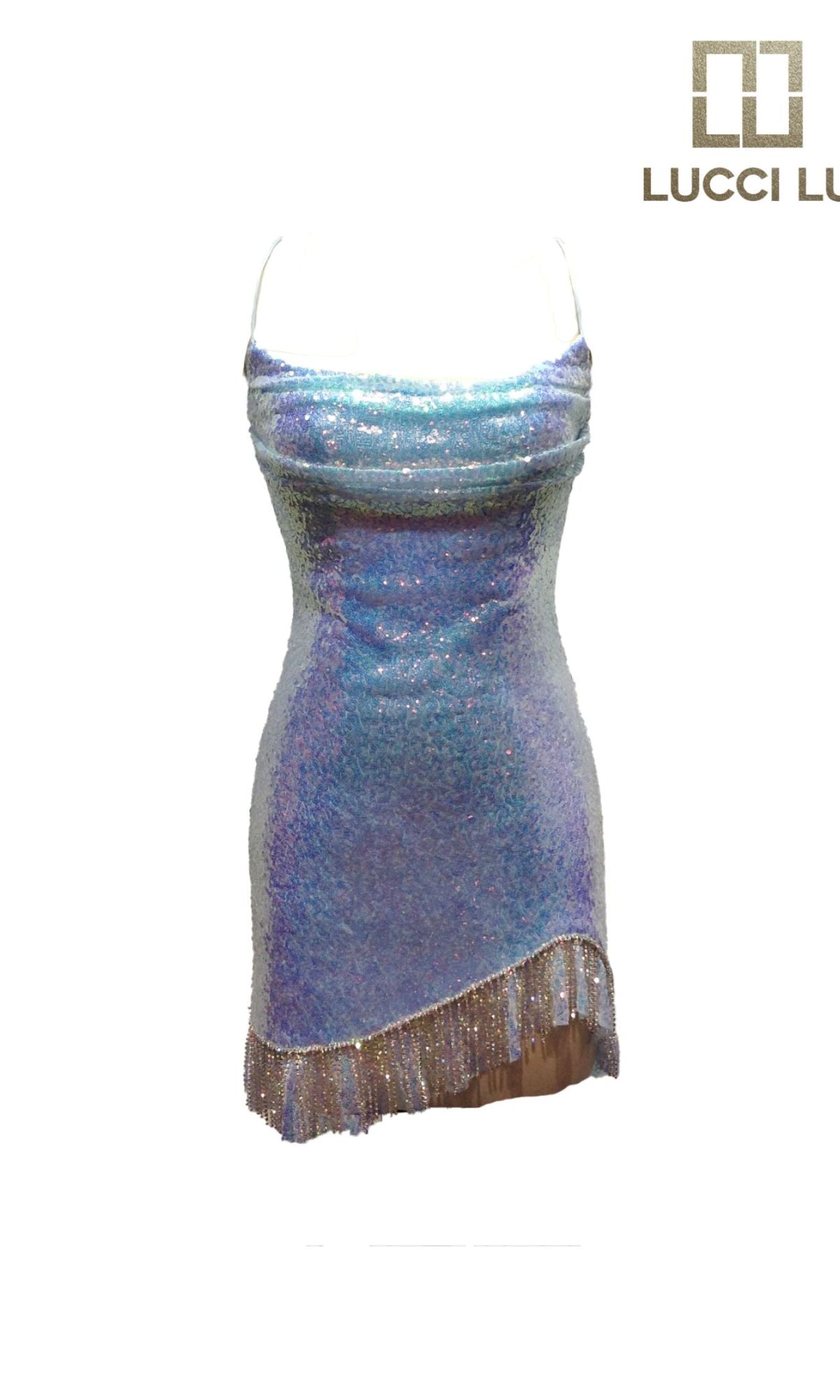 The Lucci Lu 4169 Fringe Short Sequin Prom Dress shines in iridescent blue-purple, featuring spaghetti straps and an asymmetrical fringe hem. Ideal for prom or cocktail events. LUCCI LU logo appears in the top right corner.