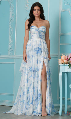 Long Prom Dress: Colors Dress 4171, a strapless, floor-length blue and white floral chiffon dress with a sweetheart neckline, tiered skirt, and a high side slit.