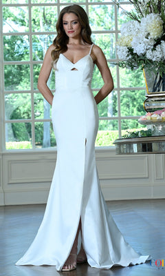 Off-white Colors Dress 4182 floor-length satin prom dress with pearl straps, a cutout bodice, and a front slit.