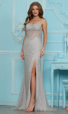 Silver Long Prom Dress: Colors Dress 4198 featuring a floor-length beaded design, sweetheart neckline, corset-style bodice, high front slit, and vertical rows of shimmering embellishments.