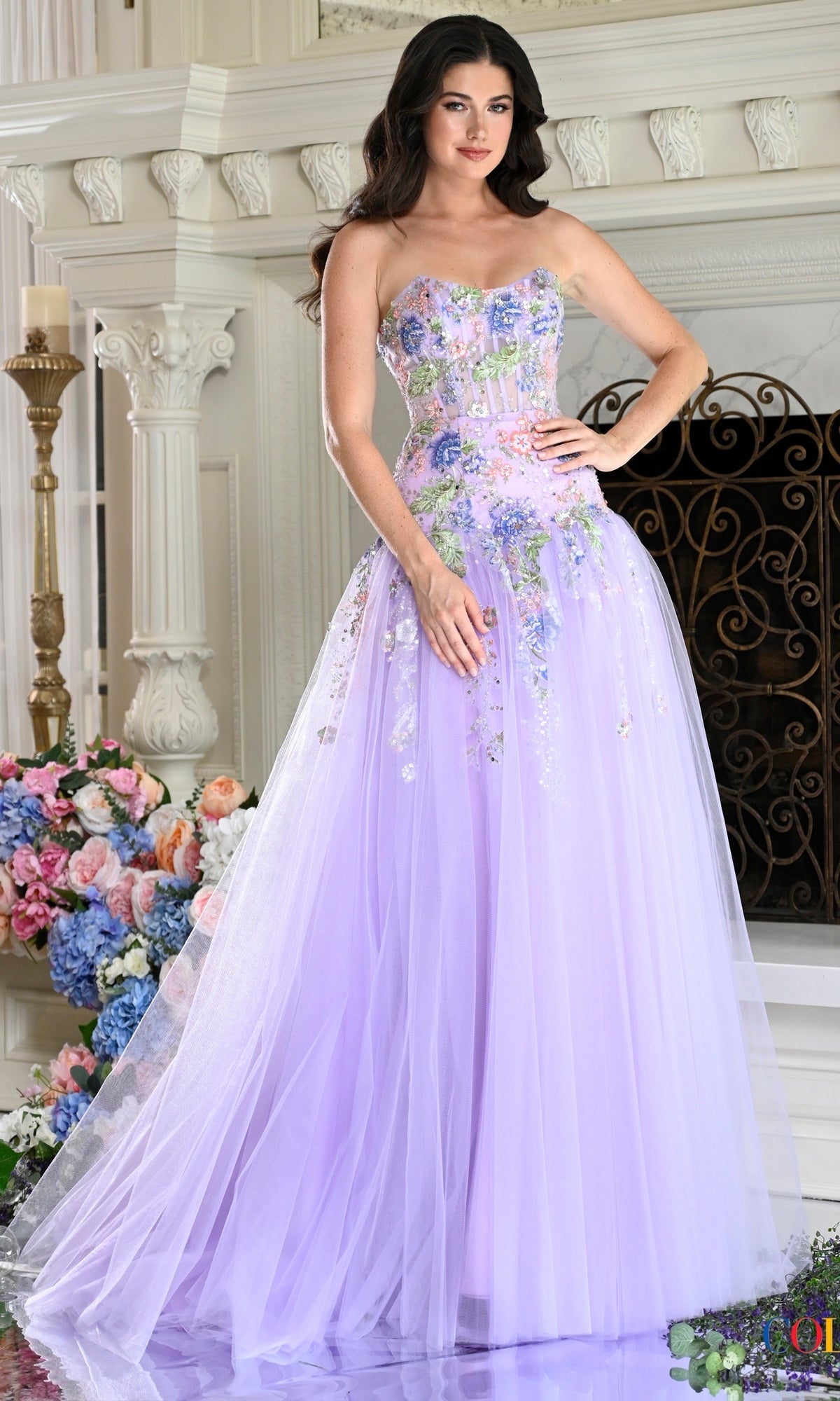 Lavender Colors Dress 4199 strapless floor-length fairy prom dress featuring floral embroidery on the bodice and a full tulle skirt.