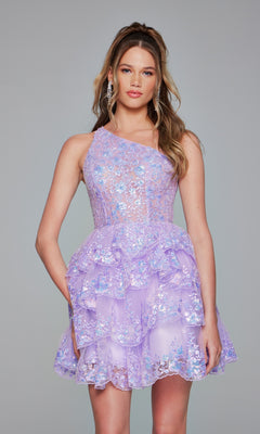 A woman stands against a plain background wearing the Jovani One-Shoulder Short Ruffled Hoco Dress 42016, featuring a sleeveless asymmetrical design with tiered ruffles and lavender floral lace embroidery.