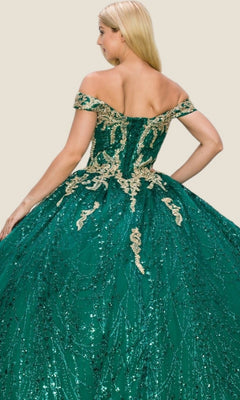 A woman showcases the Quinceanera Dress 4201 by Cinderella Couture, an off-shoulder emerald green ball gown adorned with gold embroidery and sequins, as she poses from the back against a simple light background, radiating timeless elegance.